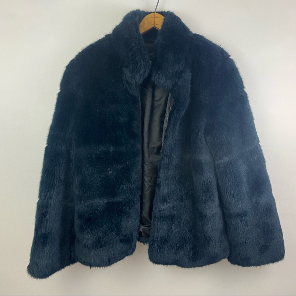 Zara Navy Blue Teddy Jacket Faux Fur High Collar Medium